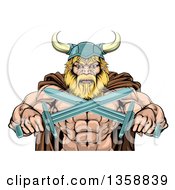 Poster, Art Print Of Cartoon Tough Muscular Blond Male Viking Warrior In A Cape And Helmet Holding Crossed Swords From The Waist Up