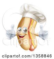 Cartoon Happy Chef Hot Dog Mascot With Mustard Giving Two Thumbs Up