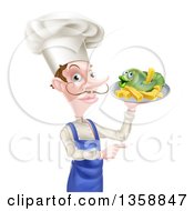 Poster, Art Print Of White Male Chef With A Curling Mustache Holding A Fish And Chips On A Tray And Pointing