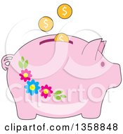 Coins Depositing Into A Pink Floral Piggy Bank