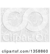 Christmas Background Of White Snowflakes Stars And Swirls On Gray