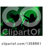 Poster, Art Print Of Background Of Black Silhouetted Young Dancers Over Green Lights And Disco Circles