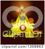 Poster, Art Print Of Yellow Stripe Christmas Tree With Bauble Ornaments And Flares On Brown