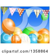 Background Of 3d Colorful Party Balloons Under A Bunting Banner On Blue