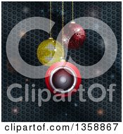 Poster, Art Print Of 3d Suspended Sparkly And Speaker Christmas Baubles Over Metal Honeycomb With Flares