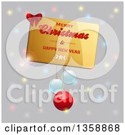 Clipart Of A 3d Gold Merry Christmas And Happy New Year Card With A Bow And Suspended Baubles Over Gray With Colorful Lights Royalty Free Vector Illustration