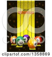 3d Colorful Bingo Or Lottery Balls Over Golden Stripes With Merry Christmas Text