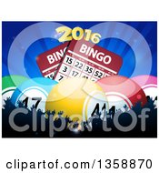 Poster, Art Print Of 3d Colorful Bingo Balls And Cards With New Year 2016 Over Silhouetted Crowd On Blue Rays