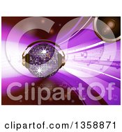 3d Sparkling Disco Ball With A Speaker Headphones And Music Notes Over Purple Waves