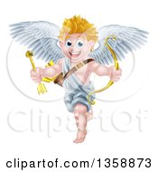 Poster, Art Print Of Happy Blond Caucasian Valentines Day Cupid Holding A Gold Heart Arrow And Bow