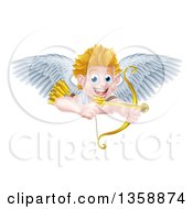 Clipart Of A Happy Blond Caucasian Valentines Day Cupid Aiming A Gold Heart Arrow With His Bow Over A Sign Royalty Free Vector Illustration by AtStockIllustration