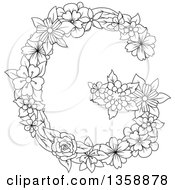 Poster, Art Print Of Black And White Lineart Floral Uppercase Alphabet Letter G