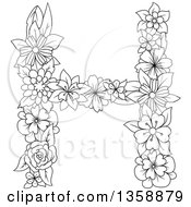Poster, Art Print Of Black And White Lineart Floral Uppercase Alphabet Letter H
