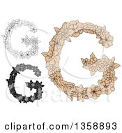 Clipart Of Tan And Black And White Floral Uppercase Alphabet Letter G Designs Royalty Free Vector Illustration