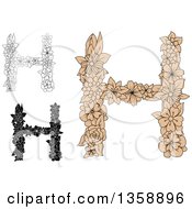 Poster, Art Print Of Tan And Black And White Floral Uppercase Alphabet Letter H Designs