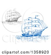 Clipart Of Sketched Gray And Blue Ships Royalty Free Vector Illustration