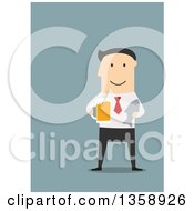 Clipart Of A Flat Design White Businessman Holding A Fish And Beer On A Blue Background Royalty Free Vector Illustration