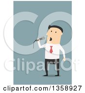 Poster, Art Print Of Flat Design White Businessman Speaking Into A Microphone On A Blue Background