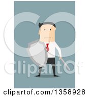 Poster, Art Print Of Flat Design White Businessman Holding A Shield And Sword On A Blue Background
