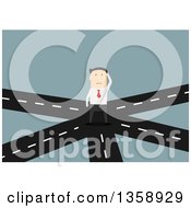 Flat Design White Businessman At A Crossroads On A Blue Background