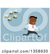 Poster, Art Print Of Flat Design Black Business Man Running From Bees On A Blue Background