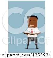 Poster, Art Print Of Flat Design Black Business Man Holding An Open Book On A Blue Background