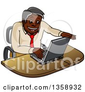 Poster, Art Print Of Cartoon Happy Black Businessman Opening A Laptop Computer