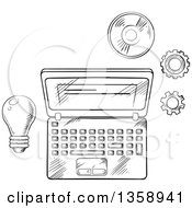 Poster, Art Print Of Black And White Sketched Laptop Light Bulb Cd And Gears