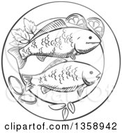 Clipart Of A Black And White Sketched Plate Of Fried Fish With Lemon And Herbs Royalty Free Vector Illustration