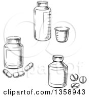 Clipart Of Black And White Sketched Medicine And Pill Bottles Royalty Free Vector Illustration