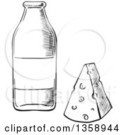 Poster, Art Print Of Black And White Sketched Milk Bottle And Cheese Wedge