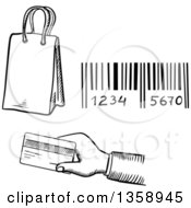 Clipart Of A Black And White Sketched Shopping Bag Bar Code And Hand Holding Out A Credit Card Royalty Free Vector Illustration