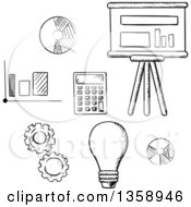 Poster, Art Print Of Black And White Sketched Charts Graphs Calculator And Gears
