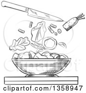 Black And White Sketched Salad Bowl With A Knife And Chopped Veggies Above