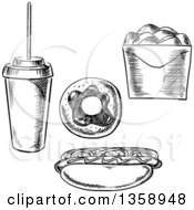 Poster, Art Print Of Black And White Sketched Soda Donut Hot Dog And Take Out Container