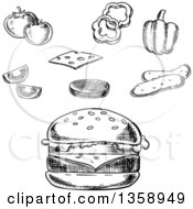 Poster, Art Print Of Black And White Sketched Cheeseburger And Toppings