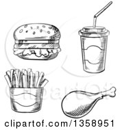 Poster, Art Print Of Black And White Sketched Hamburger Fountain Soda French Fries And Chicken Drumstick