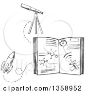 Poster, Art Print Of Black And White Sketched Astronomy Book Rocket And Telescope
