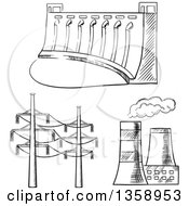 Black And White Sketched Dam Cooling Towers And Power Lines