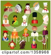 Poster, Art Print Of Flat Design People From Different Cultures Chinese Japanese Indian Native American German Italian French Russian British Australian Greek Over Green