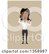 Poster, Art Print Of Flat Design Black Business Woman Shouting And Talking On A Smart Phone On A Tan Background