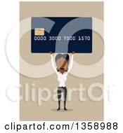 Poster, Art Print Of Flat Design Black Business Woman Holding Up A Credit Card With A Smart Chip On A Tan Background