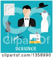 Poster, Art Print Of Flat Design Male Fashion Designer With A Sewing Machine Tailor Mannequin Scissors And Accessories Over Text On Blue
