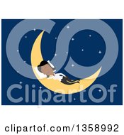 Poster, Art Print Of Flat Design Black Business Woman Sleeping On A Crescent Moon On A Blue Background