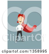 Poster, Art Print Of Flat Design Red Haired White Woman Super Hero On A Blue Background