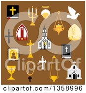 Flat Design Religious Christian And Catholic Icons On Brown