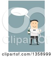 Poster, Art Print Of Flat Design Talking White Male Waiter Holding Champagne On A Blue Background