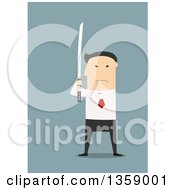 Poster, Art Print Of Flat Design Angry Asian Business Man Holding A Katana Sword