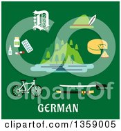 Clipart Of A Flat Design Of Apls Mountains And Other German Items Over Text On Green Royalty Free Vector Illustration