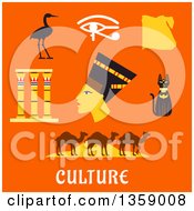 Clipart Of A Flat Design Of Nefertiti And Ancient Egyptian Icons Over Text On Orange Royalty Free Vector Illustration